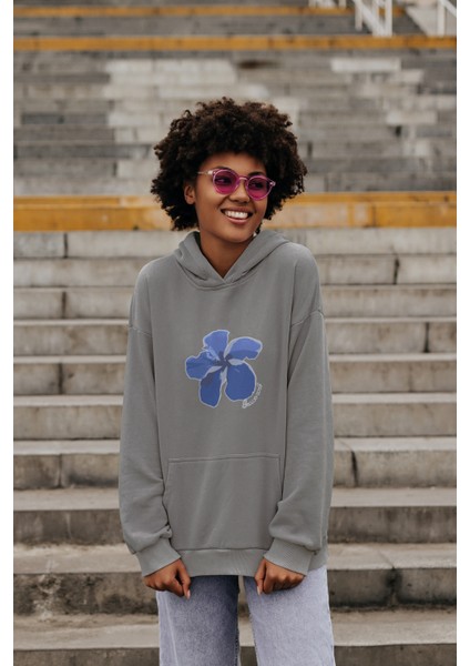 Hibiskus Tasarımı Baskılı Yüksek Kalite Kapüşonlu Kanguru Cepli Unisex Oversize Sweatshirt