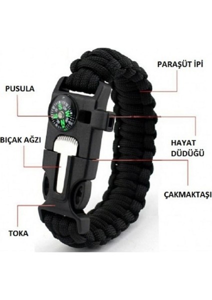 Paracord Pusulalı Survival Hayatta Kalma Kamp Bilekliği Ateş Başlatıcı Outdoor Siyah Aksesuar Gaddarın Bilekliği (Çağatay Ulusoyun Bilekliği) Paracord Ipli Gaddar Bileklik