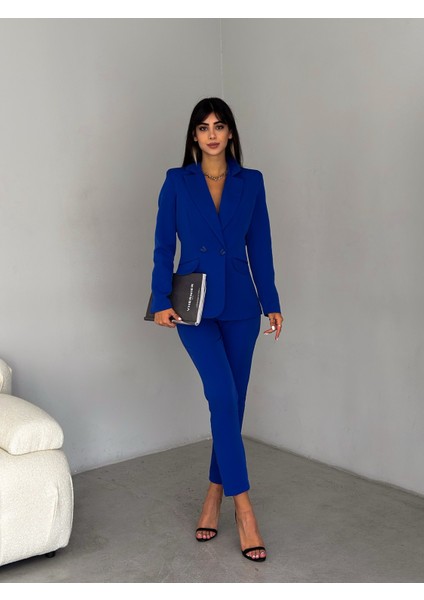 Saks Mavi Kruvaze Blazer Ceket Havuç Pantolon Takım Elbise fiyatları