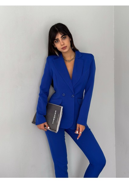 Saks Mavi Kruvaze Blazer Ceket Havuç Pantolon Takım Elbise modelleri
