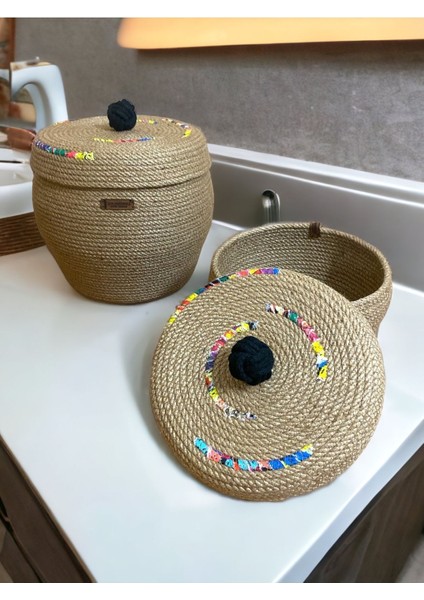 Ayşe Serhoşoğlu Home Design Hasır Sepet, 2'Li Hasır Ipten Kapaklı Sepet, Çok Amaçlı Saklama Kutusu,