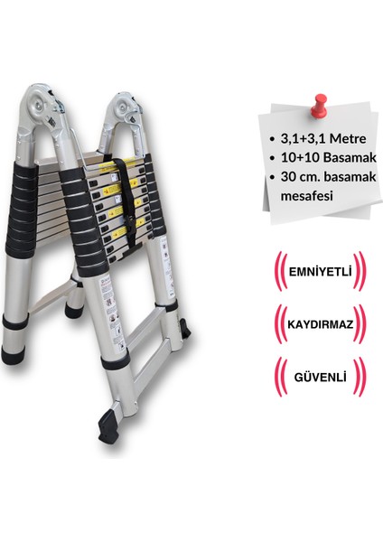 310 + 310 cm. - 10+10 Basamaklı Teleskobik / Teleskopik Merdiven - A Tipi Uzayan Merdiven
