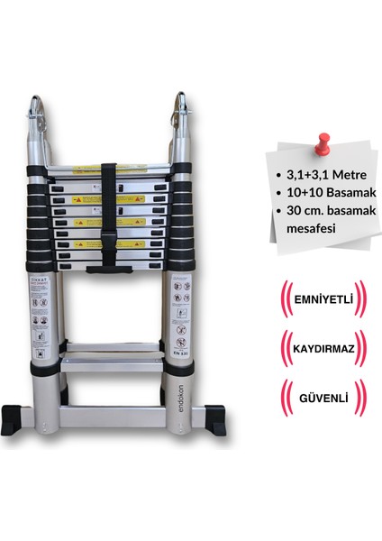 310 + 310 cm. - 10+10 Basamaklı Teleskobik / Teleskopik Merdiven - A Tipi Uzayan Merdiven modelleri