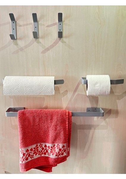 6 Parça Mat Gri Paslanmaz Banyo Seti, Yapışkanlı Tasarım