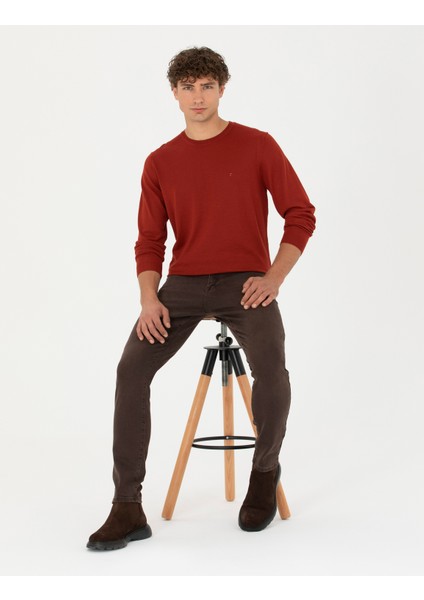 Erkek Kiremit Slim Fit Bisiklet Yaka Yün Karışımlı Basic Triko Kazak 50270054-VR031