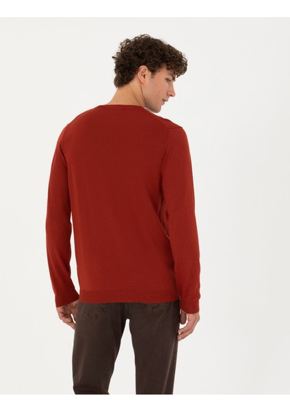 Erkek Kiremit Slim Fit Bisiklet Yaka Yün Karışımlı Basic Triko Kazak 50270054-VR031 indirimleri