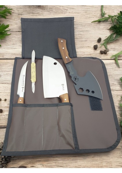 5 Parça Deri Çantalı Kamp Outdoor Seti Şef Bıçak Kamp Balta Çakı Bıçak