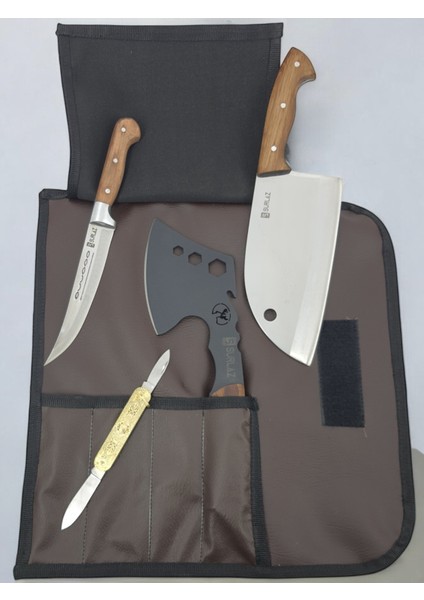 5 Parça Deri Çantalı Kamp Outdoor Seti Şef Bıçak Kamp Balta Çakı Bıçak