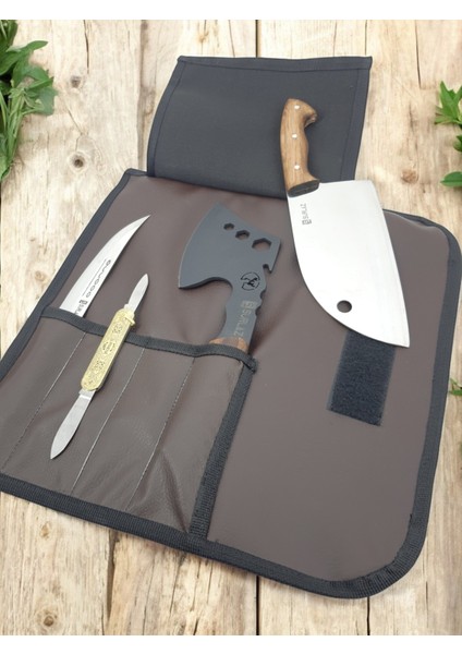 5 Parça Deri Çantalı Kamp Outdoor Seti Şef Bıçak Kamp Balta Çakı Bıçak