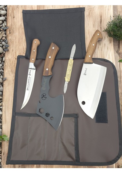 5 Parça Deri Çantalı Kamp Outdoor Seti Şef Bıçak Kamp Balta Çakı Bıçak