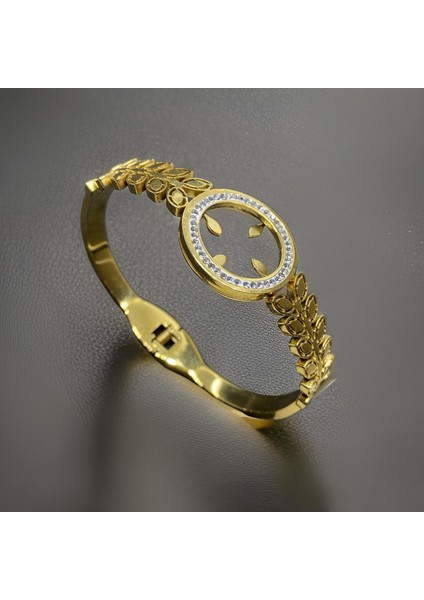 Zirkon Taşlı Gold Renk Çeyrek Altın Monte Edilebilir 316 Paslanmaz Çelik Kelepçe Bileklik