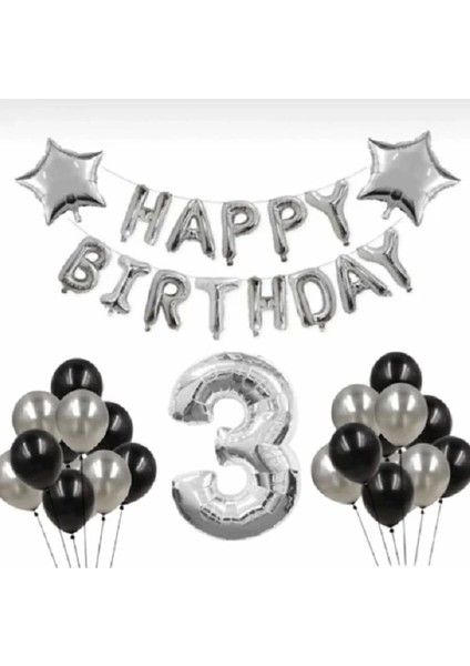 Parti Uzmanı Gümüş 3 Yaş Happy Bırthday Folyo Balonlu Yıldızlı Set