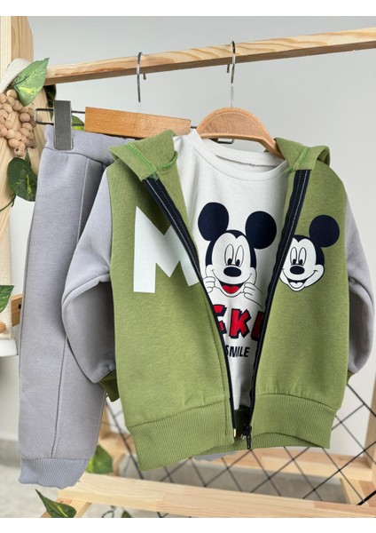 Fermuarlı Kapüşonlu M Mickey Baskılı Badili 3'lü 3 Ip Kışlık Set Takım