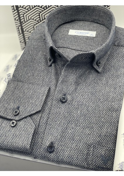 Klasik Uzun Kol Kışlık Yaka Düğmeli Yünlü %100 Cotton Hediye Kutulu Erkek Gömlek (Code: Y.2697) - Lacivert