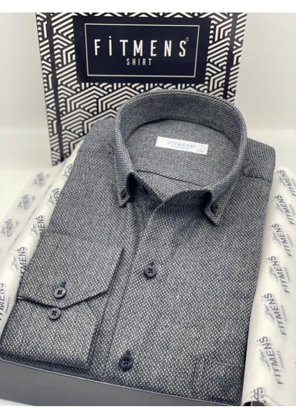 Klasik Uzun Kol Kışlık Yaka Düğmeli Yünlü %100 Cotton Hediye Kutulu Erkek Gömlek (Code: Y.2697) - Lacivert fiyatları