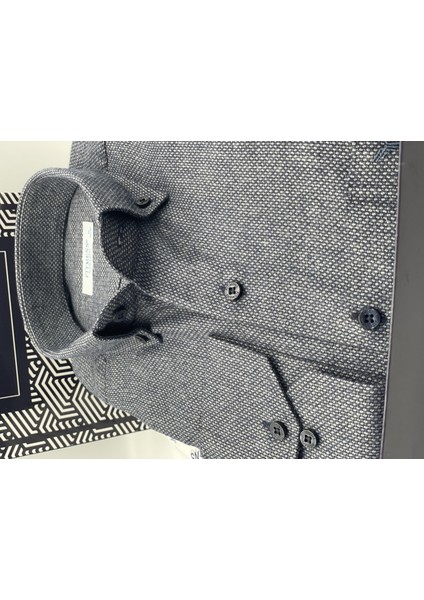 Klasik Uzun Kol Kışlık Yaka Düğmeli Yünlü %100 Cotton Hediye Kutulu Erkek Gömlek (Code: Y.2697) - Lacivert modelleri