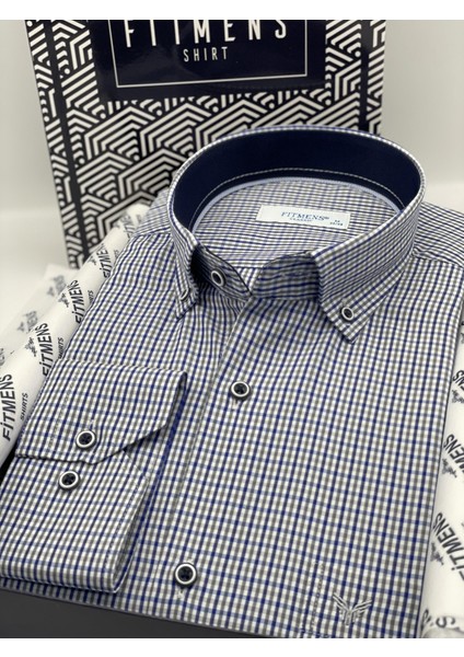 Klasik Uzun Kol Yaka Düğmeli Pöti Kareli Hediye Kutulu Erkek Gömlek (CODE:TP.1802) - Gri