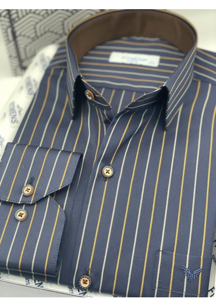Klasik Uzun Kol Premium Çizgili T.1336 Gömlek - Lacivert Kahve