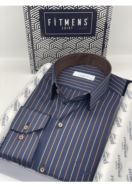 Klasik Uzun Kol Premium Çizgili T.1336 Gömlek - Lacivert Kahve fiyatları