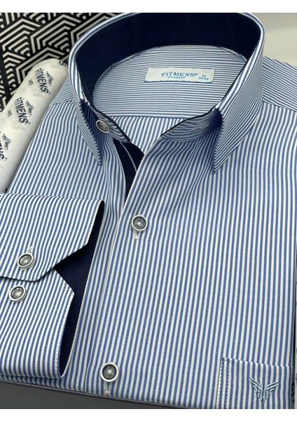 Klasik Uzun Kol Ince Çizgili Cepli Hediye Kutulu Erkek Gömlek - Saks Mavi