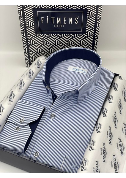 Klasik Uzun Kol Ince Çizgili Cepli Hediye Kutulu Erkek Gömlek - Saks Mavi fiyatları