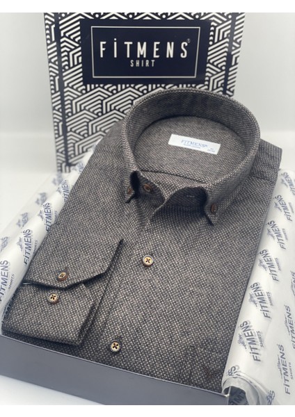 Klasik Uzun Kol Kışlık Yaka Düğmeli Yünlü %100 Cotton Hediye Kutulu Erkek Gömlek (Code: Y.2697) - Kahverengi fiyatları