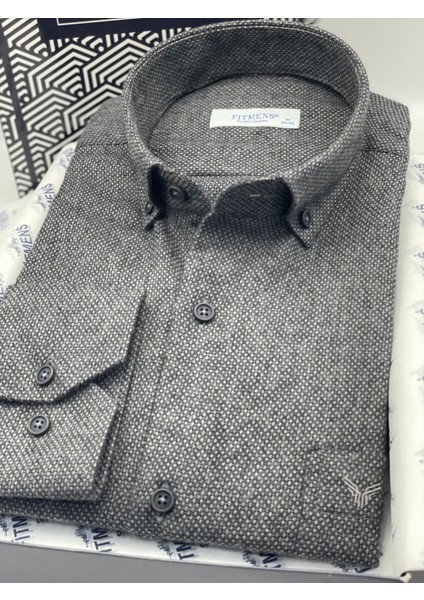 Klasik Uzun Kol Kışlık Yaka Düğmeli Yünlü %100 Cotton Hediye Kutulu Erkek Gömlek (Code: Y.2697) - Antrasit