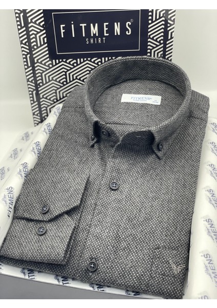 Klasik Uzun Kol Kışlık Yaka Düğmeli Yünlü %100 Cotton Hediye Kutulu Erkek Gömlek (Code: Y.2697) - Antrasit modelleri