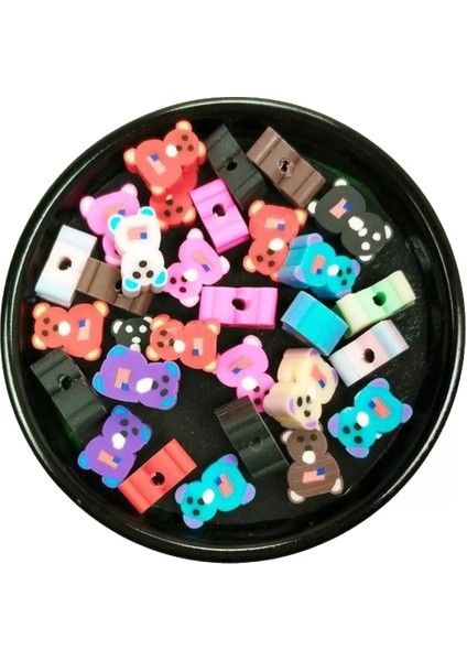 30 Adet 10 mm Polimer Kil Fimo Boncuk Takı Bileklik + 1 Metre Lastikli Misina Hediye - Renkli Ayıcık