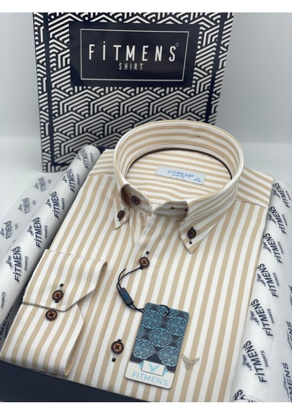 Slim Fit Uzun Kol Likralı Çizgili Yaka Düğmeli Hediye Kutulu Erkek Gömlek (Code:ı.king Kalın) - Bej fiyatları