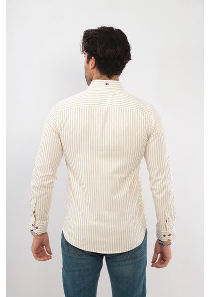 Slim Fit Uzun Kol Likralı Çizgili Yaka Düğmeli Hediye Kutulu Erkek Gömlek (Code:ı.king Kalın) - Bej modelleri