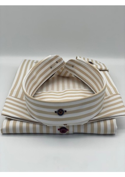 Slim Fit Uzun Kol Likralı Çizgili Yaka Düğmeli Hediye Kutulu Erkek Gömlek (Code:ı.king Kalın) - Bej indirimleri