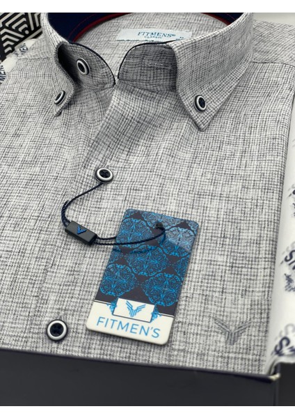 Klasik Kısa Kol Keten Yaka Düğmeli Hediye Kutulu Erkek Gömlek (Code:p Flam K.110) - Gri