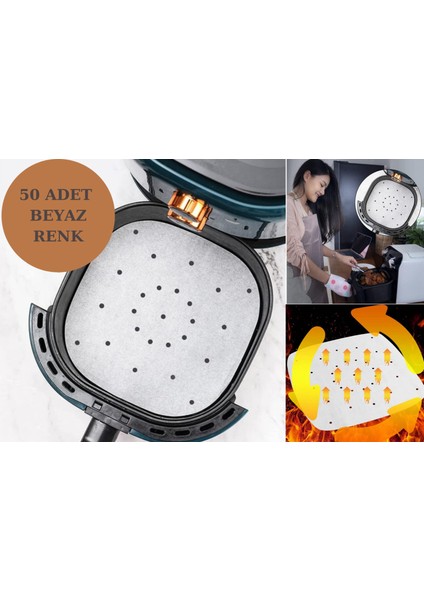 Beyaz Airfryer Pişirme Kağıdı 50 Adet Delikli Kare Air Fryer Kağıt, Philips Xiaomi Tefal ve Tüm Modeller ile Uyumlu, Delikli Airfryer Pişirme Matı, Delikli Pişirme Kağıdı, Tek Kullanımlık
