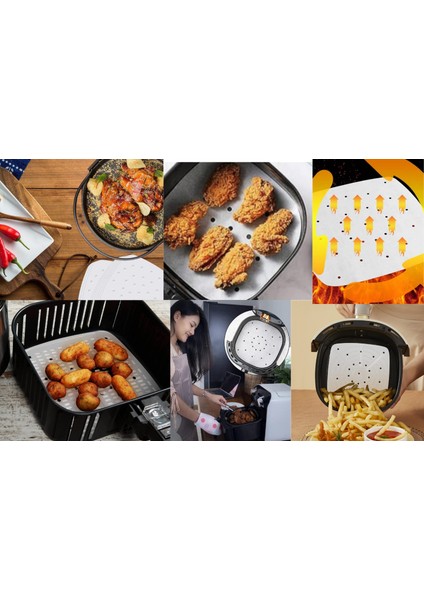 Beyaz Airfryer Pişirme Kağıdı 50 Adet Delikli Kare Air Fryer Kağıt, Philips Xiaomi Tefal ve Tüm Modeller ile Uyumlu, Delikli Airfryer Pişirme Matı, Delikli Pişirme Kağıdı, Tek Kullanımlık