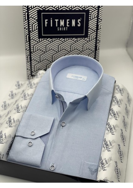 Klasik Uzun Kol Keten Cotton Hediye Kutulu Erkek Gömlek - Açık Mavi
