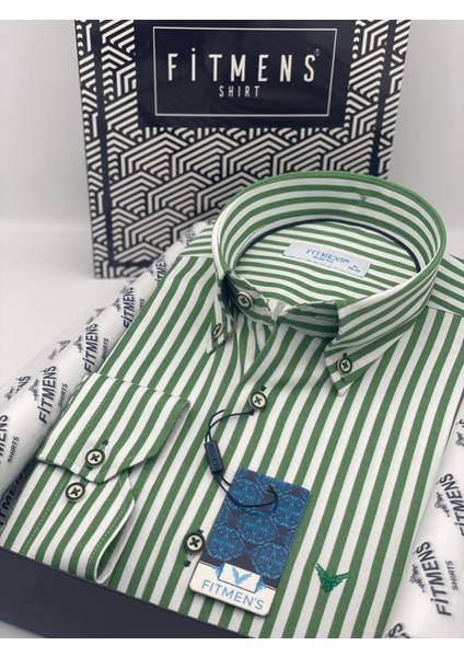 Slim Fit Uzun Kol Likralı Çizgili Yaka Düğmeli Hediye Kutulu Erkek Gömlek (Code:ı.king Kalın) - Yeşil fiyatları