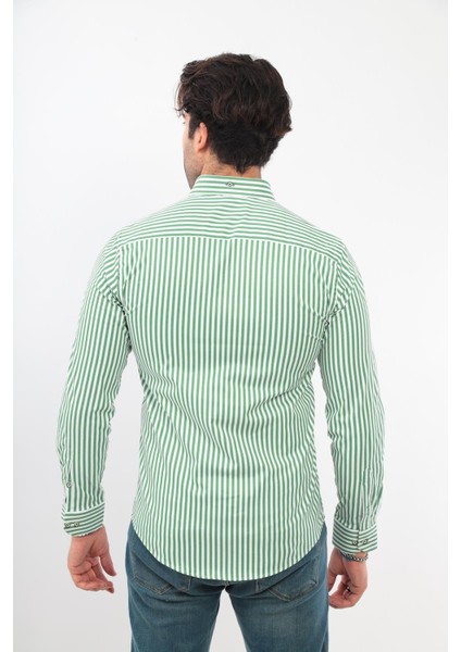 Slim Fit Uzun Kol Likralı Çizgili Yaka Düğmeli Hediye Kutulu Erkek Gömlek (Code:ı.king Kalın) - Yeşil modelleri
