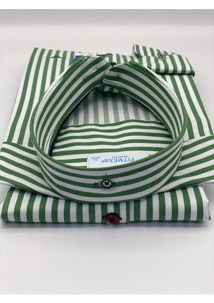 Slim Fit Uzun Kol Likralı Çizgili Yaka Düğmeli Hediye Kutulu Erkek Gömlek (Code:ı.king Kalın) - Yeşil indirimleri
