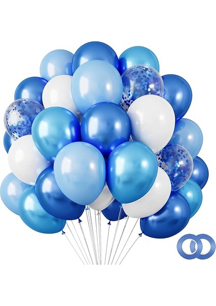 15 adet Lacivert - Açık mavi - Beyaz- Konfetili şeffaf balon , Metalik Pastel Karışık Kaliteli Balon Seti
