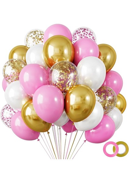 10 adet Pembe-Beyaz Krom Gold- şeffaf Konfetili Kaliteli balon seti