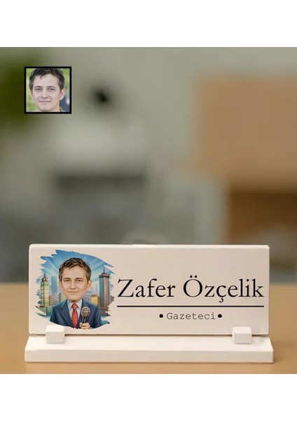 Kişiye Özel Gazeteci Temalı Karikatürlü Masaüstü Taş Isimlik
