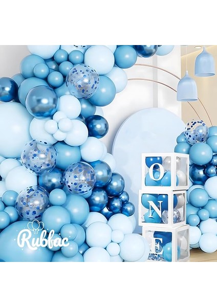 40 adet Lacivert - Açık mavi - Beyaz- şeffaf Konfetili balon seti + balon zinciri,bandı modelleri