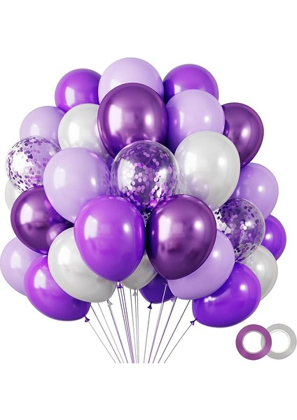 10 adet Lila - Mor - şeffaf Konfetili, balon Kaliteli Balon Seti