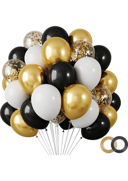10 adet Siyah - Beyaz- Konfetili şeffaf balon , Metalik gold balon Kaliteli Balon Seti