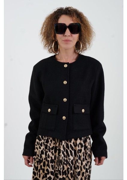 Siyah Gold Düğmeli Örme Keçe Ceket modelleri