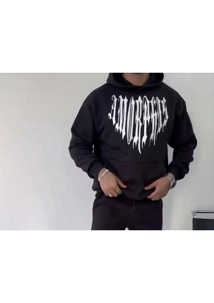 Uzun Kol Kapşonlu Baskılı Sweatshirt - Siyah modelleri