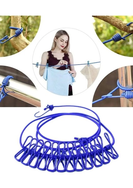Elastik 12 Mandallı Çamaşır Ipi Askılığı Lastikli Kendinden Mandallı Çok Amaçlı Askı 180CM