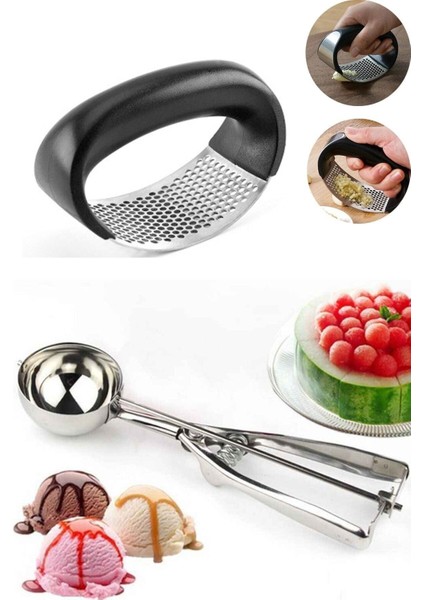Metal Dondurma Kaşığı + Metal Kollu Sarımsak Ezici Rende