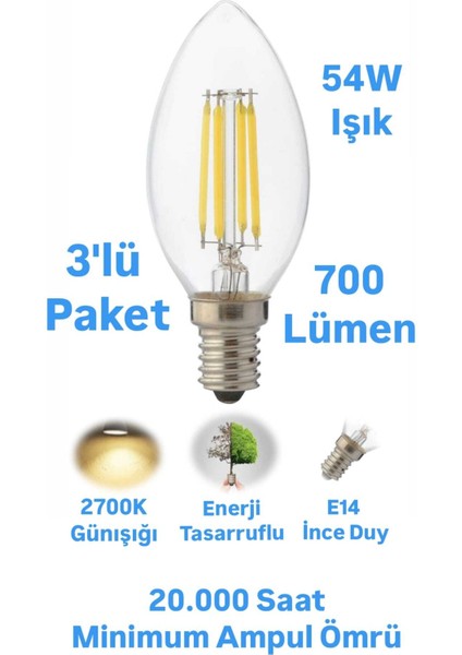 Horoz 6 Watt Günışığı E14 Duylu Rustik Ampul 700 Lümen Avize Ampulü İnce Duylu Mum Ampul